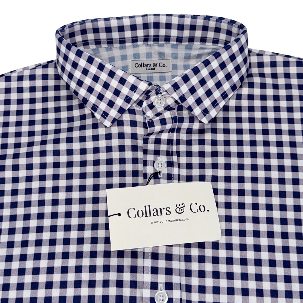 Collars & Co Mens XL Navy Gingham Short Sleeve Polo Firm Dress Collar NWT